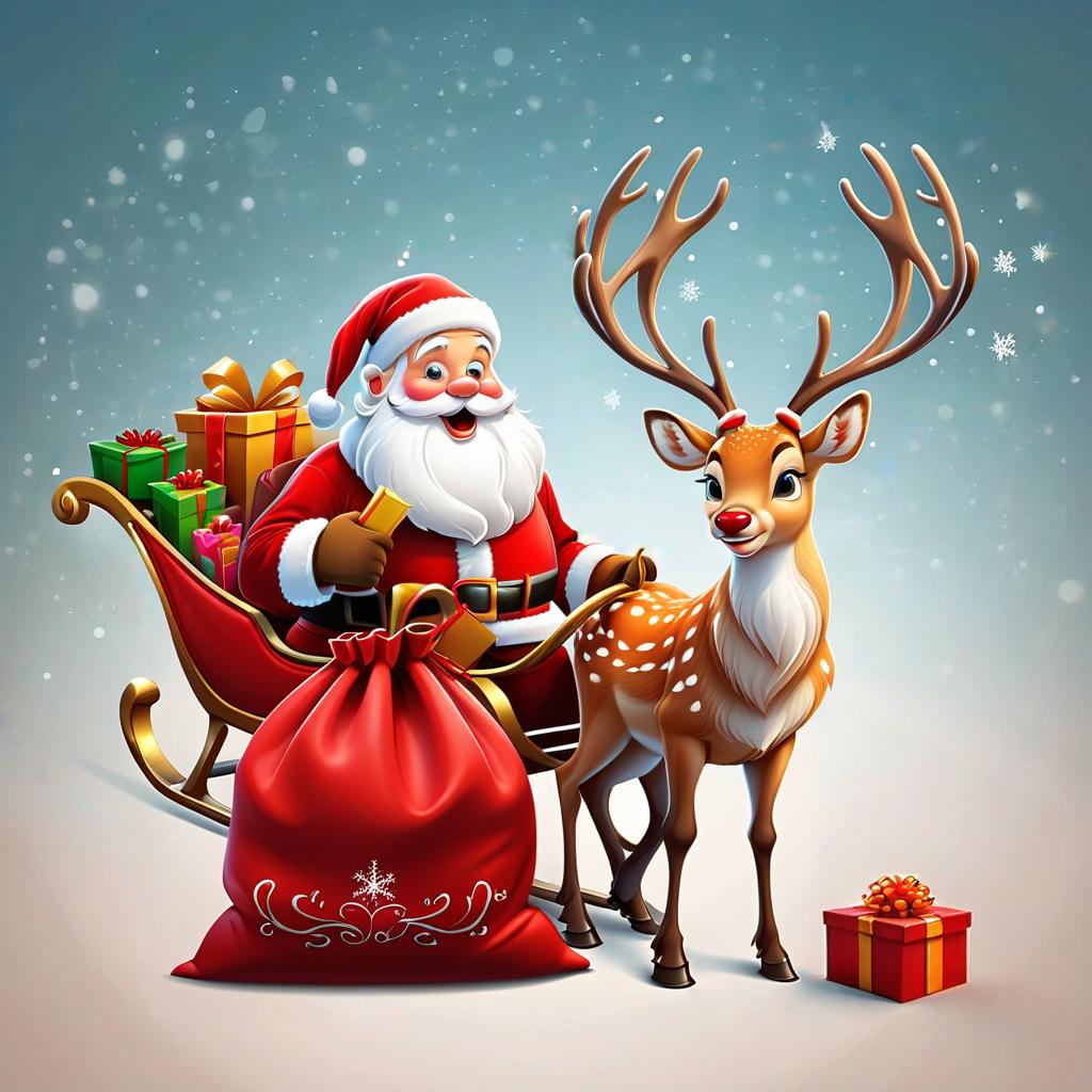  santa claus, sleigh, deer, bag with gifts. cartoon style