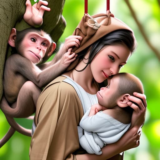  monkey holding a human baby hanging on the tree