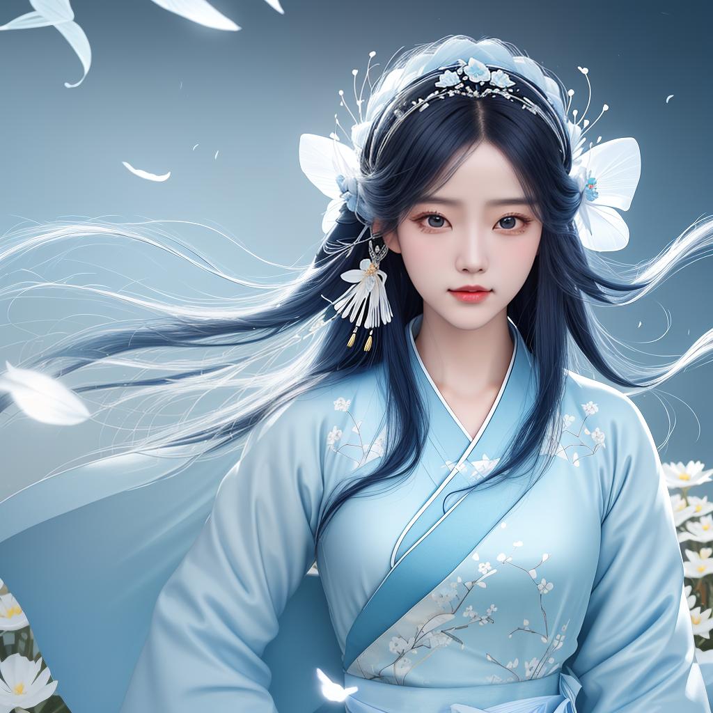  masterpiece, best quality, (Fidelity: 1.4), Best Quality, Masterpiece, Ultra High Resolution, Poster, Fantasy Art, Very Detailed Faces, 8k resolution, Chinese Style, An woman, Side Face, Quiet, Light Blue Hanfu, Tulle Coat, Long Black Hair, Light Blue Fringed Hair Ornament, Hairpin, White Ribbon, White Flower Bush, Light Blue Butterfly Flying, cinematic lighting effects