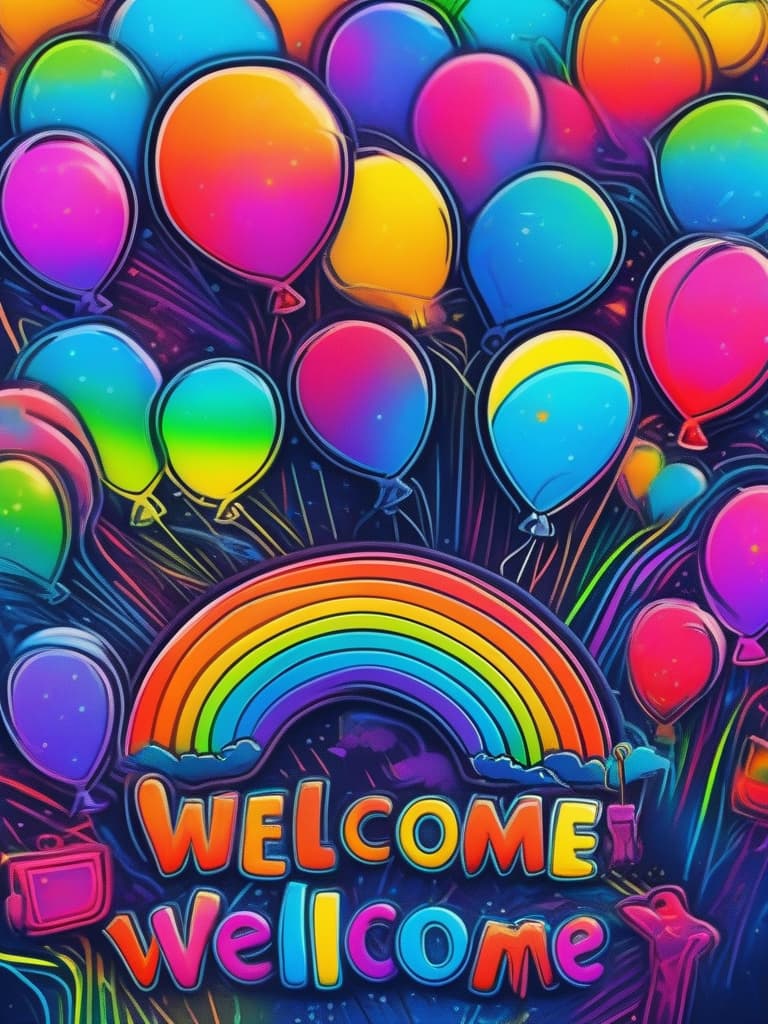  plain brush drawing,{text ((rainbow neon colors: "welcome" 💬)) text in balloon}((no human: 1.5)),high resolution,absurd,adopted,