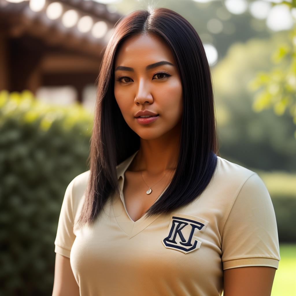  (((realistic full torso frontal head shot of a light tan skin tone woman))), jin a jung eun kim, ((korean heritage)), immature face, green eye color, ((straight hair style)), ((black hair color)), ((curvy body type)), medium size, small size, (immature broad rounded nose), (immature high cheekbones), (immature smooth jawline), (immature medium lips), (immature wide forehead), (immature even eyebrows), (immature pointed chin), standing straight looking directly into the camera,((wearing fitted polo shirt with deep v neck and monogrammed pocket)), backyard in background, 1girl, best quality, highest quality, award winning photo, masterpiece, raw, professional photography, photorealism, sharp focus, cinematic, high resolution, hyperrealistic, full body, detailed clothing, highly detailed, cinematic lighting, stunningly beautiful, intricate, sharp focus, f/1. 8, 85mm, (centered image composition), (professionally color graded), ((bright soft diffused light)), volumetric fog, trending on instagram, trending on tumblr, HDR 4K, 8K