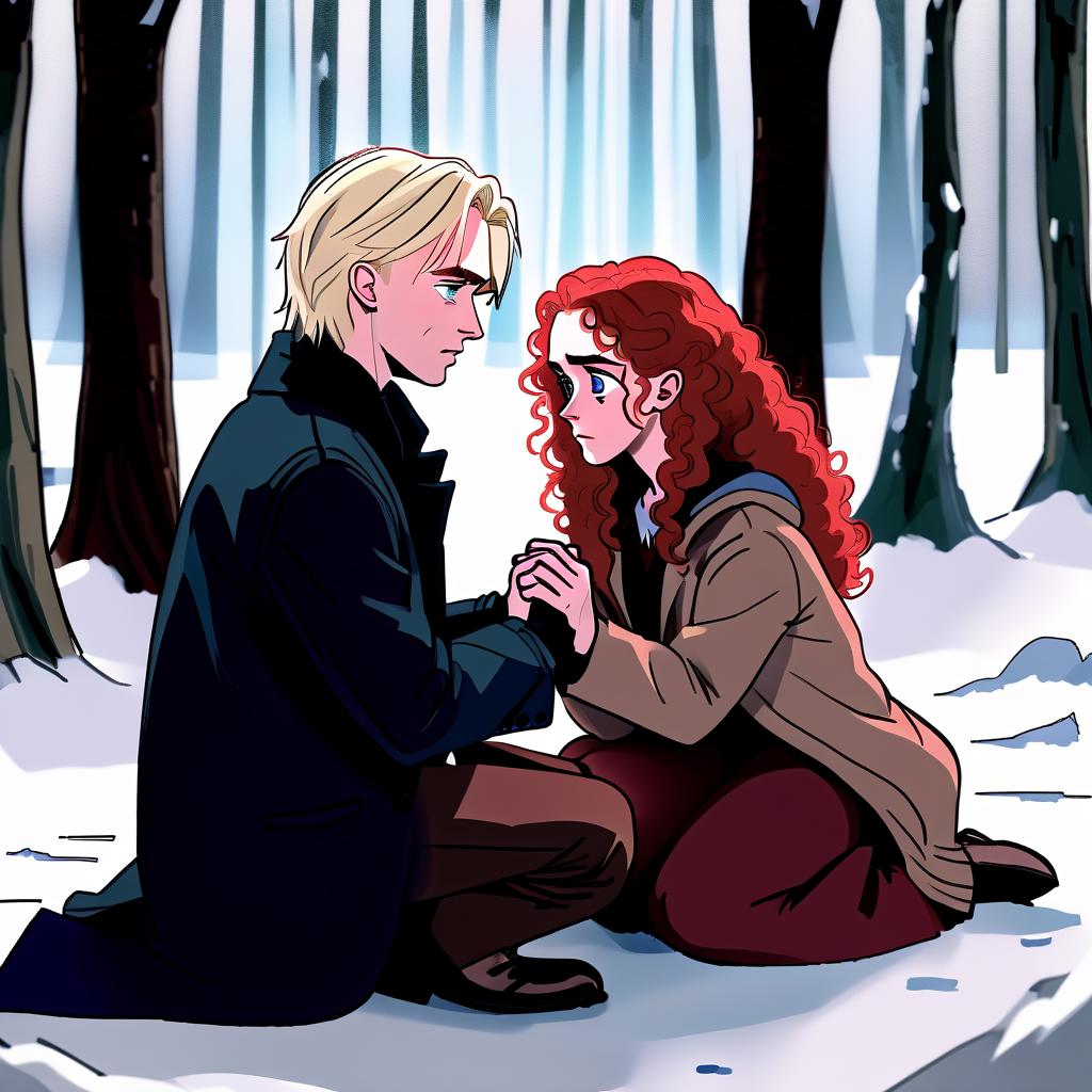  two people in the picture. hermione granger and draco malfoy. a guy with a girl on the background of a snowy forest. the picture should feel tension, fear. they sit on their knees and look at each other. the girl holds his hands and cries. their hands are stained in red. the guy has white hair and blue eyes, dark eyebrows. the girl has red curly hair, brown eyes. picture gloomy, frightening