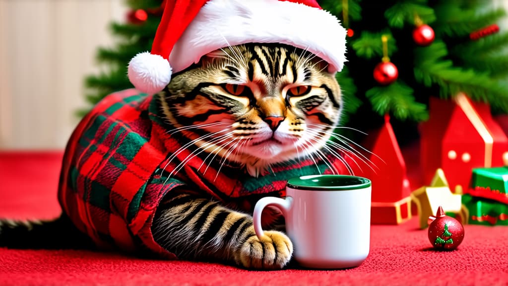  disgruntled cat, wearing a santa hat, wrapped in plaid, drinking coffee, didn't get enough sleep, christmas tree in the background, christmas tree toys lying on the floor, morning not going well, grumpy and frowning, high quality, hyper realistic photo ar 16:9 {prompt}, maximum details