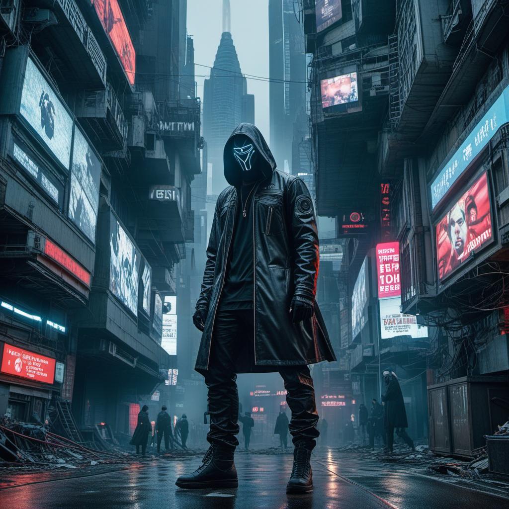  an epic album cover, splicor and aphex twin with a dystopian feel., ((anime)) hyperrealistic, full body, detailed clothing, highly detailed, cinematic lighting, stunningly beautiful, intricate, sharp focus, f/1. 8, 85mm, (centered image composition), (professionally color graded), ((bright soft diffused light)), volumetric fog, trending on instagram, trending on tumblr, HDR 4K, 8K