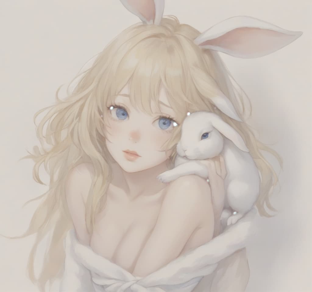  breathtaking realistic photo. girl blonde, blonde hair to shoulder blades, european face type, light skin, blue eyes, plump lips, small tummy at the bottom of the waist, naked with rabbit ears . award winning, professional, highly detailed