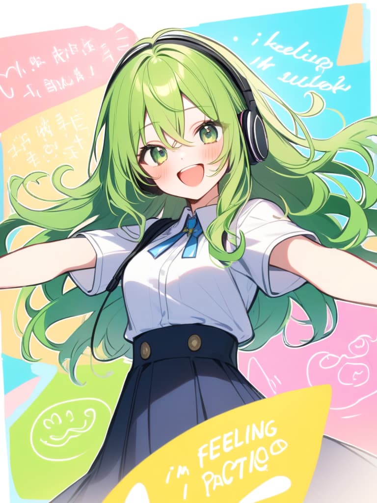  hagakure tohru bangs black clothes black blue clothing collared shirt dress shirt gloves hair between eyes long sleeves mini pleated uniform shirt shirt tucked in short sleeves rolled up sleeves uniform white shirt blush s age eyelashes woman (((with open arms:1.3))) (((i'm feeling excited))) (((headphones:1.3))) green eyes green hair big s medium length hair messy hair short hair teeth upper teeth upper teeth only smirk open mouth open mouth smile one arm outstretched smiling v sign looking at camera one woman alone english language english text text colored eyelashes curly hair ai created