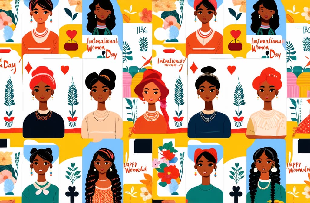  flat illustration, flaticon, (illustration:1.15), happy international women's day. march 8th. different races and nationalities. colored hand drawn vector illustrations. set of cards and seamless pattern ar 3:2, [cory loftis, strobist, pascal campion :: 0.2]