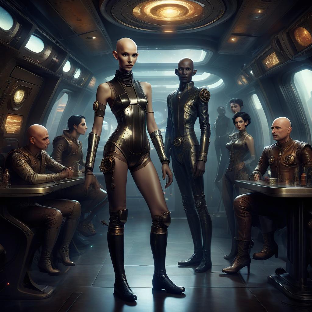  space themed a group of smugglers, a potty man, 40 year, small, bald, black. a young , 20 year, medium sized s, graceful thin waist, long slender legs, black hair, droid, minotaur. full length image, steampunk, dieselpunk, paropunk, stand in a futuristic tavern. . cosmic, celestial, stars, galaxies, nebulas, planets, science fiction, highly detailed