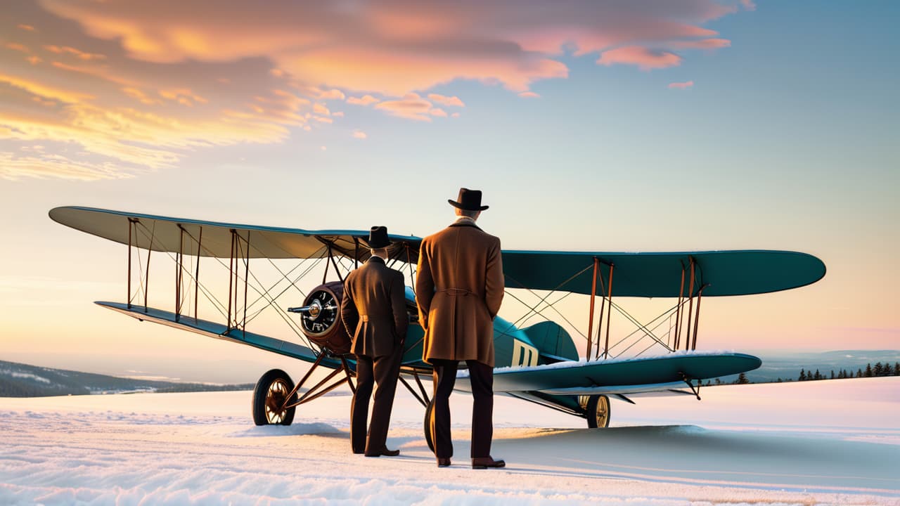  a sepia toned scene depicting the wright brothers in 1903, standing beside their wooden biplane, surrounded by snow covered hills and onlookers, with a dramatic sky and a hint of early morning light illuminating the moment. hyperrealistic, full body, detailed clothing, highly detailed, cinematic lighting, stunningly beautiful, intricate, sharp focus, f/1. 8, 85mm, (centered image composition), (professionally color graded), ((bright soft diffused light)), volumetric fog, trending on instagram, trending on tumblr, HDR 4K, 8K