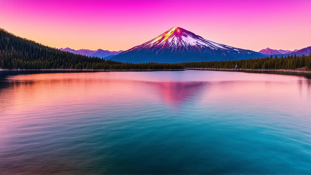  professional detailed photography, scenic mountain landscape with tranquil water reflecting a vibrant pink sunset sky, breathtaking nature background ar 16:9, (muted colors, dim colors, soothing tones), (vsco:0.3)