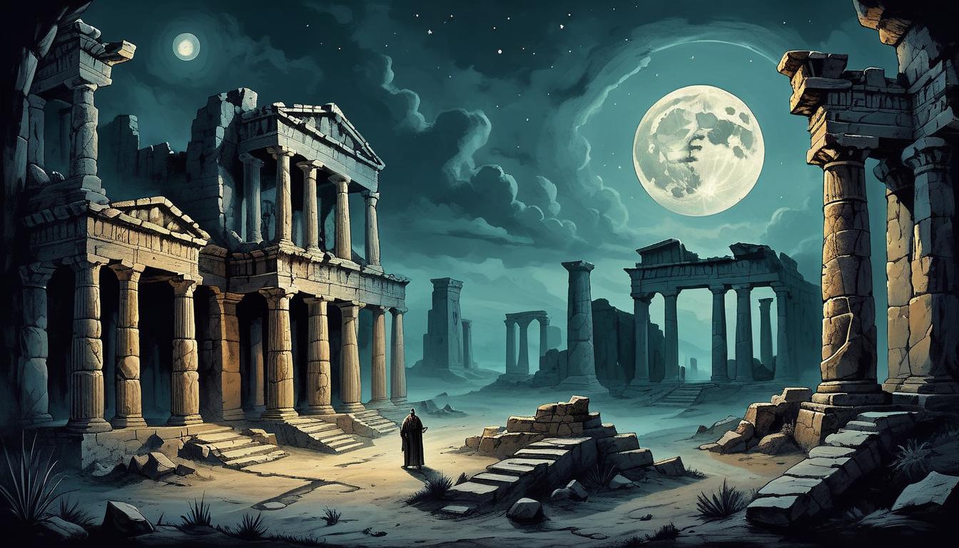  on parchment, surrealism+++, ancient ruins under a dark, moonlit sky, remnants of civilizations long lost, shadows deep, evoking a sense of mystery and hidden truths(mysterious, provocative, symbolic,muted color)+++