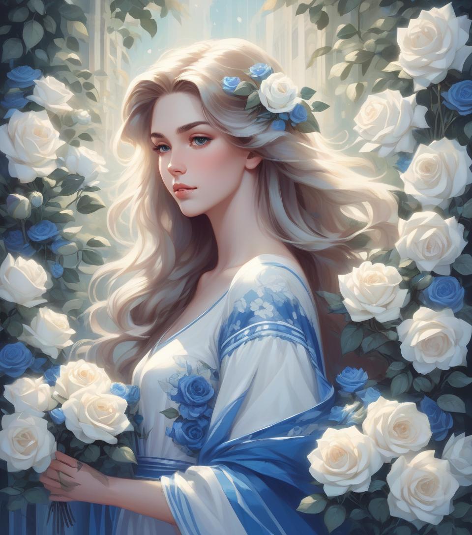  retro game art a serene woman with flowing hair holds blue and white roses, surrounded by soft light and delicate leaves, embodying grace and beauty in a captivating portrait . 16 bit, vibrant colors, pixelated, nostalgic, charming, fun