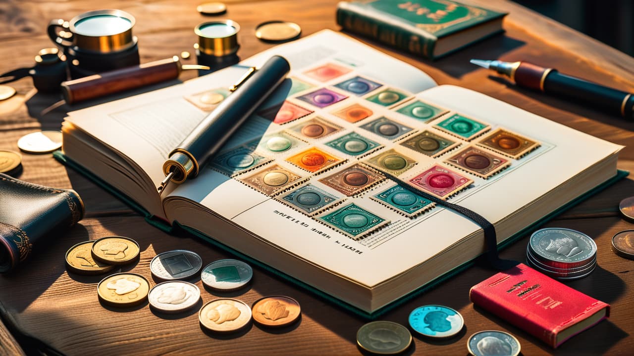  a close up of a vintage stamp album open to colorful, rare stamps, with a magnifying glass resting beside it, surrounded by scattered coins and collector's tools, set against a wooden table backdrop. hyperrealistic, full body, detailed clothing, highly detailed, cinematic lighting, stunningly beautiful, intricate, sharp focus, f/1. 8, 85mm, (centered image composition), (professionally color graded), ((bright soft diffused light)), volumetric fog, trending on instagram, trending on tumblr, HDR 4K, 8K