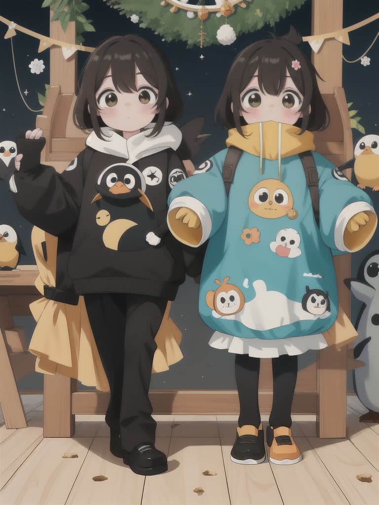  Penguin, Yuru Chara, Mascot, Beautiful Beauty couple, 💩: 0.6, 💩: 0., 💩, 💩, 💩,, masterpiece, best quality,8k,ultra detailed,high resolution,an extremely delicate and beautiful,hyper detail