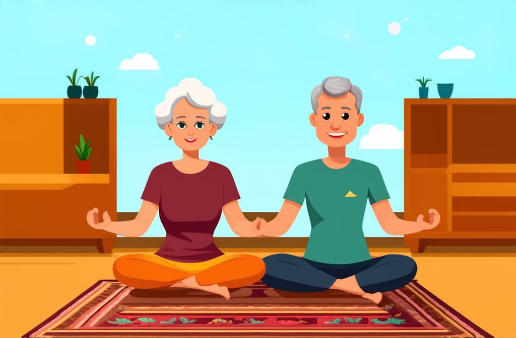  cute old lady and man sitting on the rug and meditating. style flat illustration ar 3:2 {prompt}, maximum details