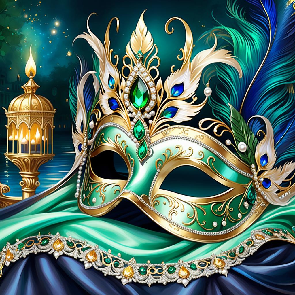  ethereal fantasy concept art of (background):black silk cloak, topazes, rubies, emeralds, gold candlestick with white gold flame. ((the eye slits reflect the contours of the palaces and canals of venice1,9)). ((half mask columbine) a mask covering only part of the face. silver mask:with gold patterned ornamentation. colours:light green, blue, pearl cream, peacock feathers, gold and silver beads, gold leaf, gemstones, venetian lace, rhinestones, beads. (style):fantasy, renaissance, dream, mystery, mystery, dream, italy, venice, barcarolle, minestrel. . magnificent, celestial, ethereal, painterly, epic, majestic, magical, fantasy art, cover art, dreamy