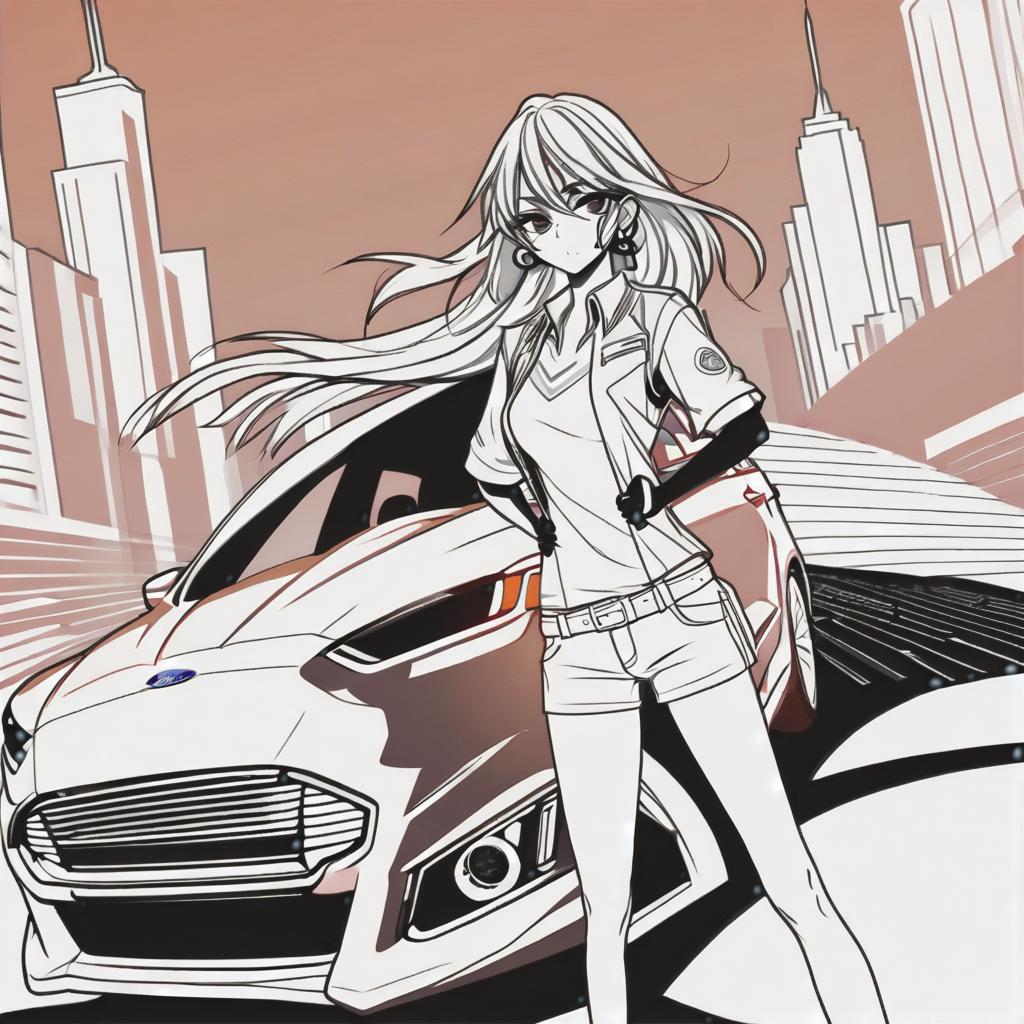  line art drawing girl and ford fusion, battle stance, same nightmare. anime style . professional, sleek, modern, minimalist, graphic, line art, vector graphics