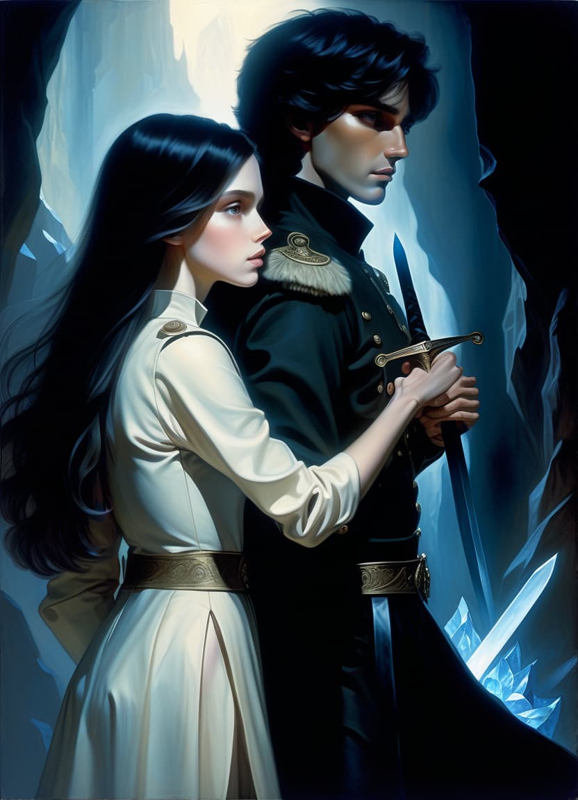  a girl and a man are standing in the center of the composition, back to back. the man is on the right, the girl is on the left. side view. the man is dressed in a white military dress uniform, holding a sword in his hand. the girl is dressed in black pants, a white shirt and a hooded cloak. the man has short black hair, the girl has long, slightly wavy black hair. the girl's right hand is raised up in a magical gesture. the light falls from the upper right corner, the shadow of the man falls on the girl. the background is dark. a blue crystal glows on the girl's neck. fantasy. middle ages. pale skin, hkmagic, oil painting