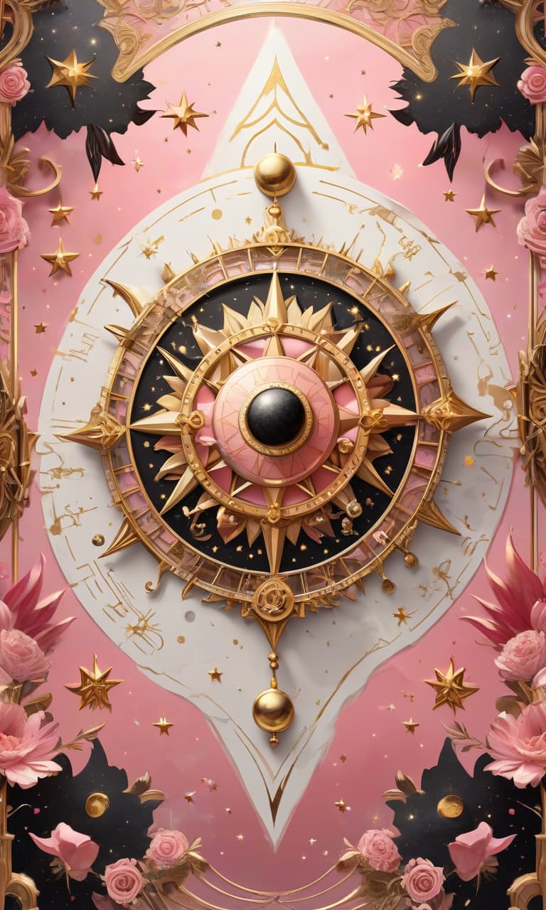  concept art pink, gold, black, white tarot wheel of fortune everywhere stars, moon, sun . digital artwork, illustrative, painterly, matte painting, highly detailed, perfect hands