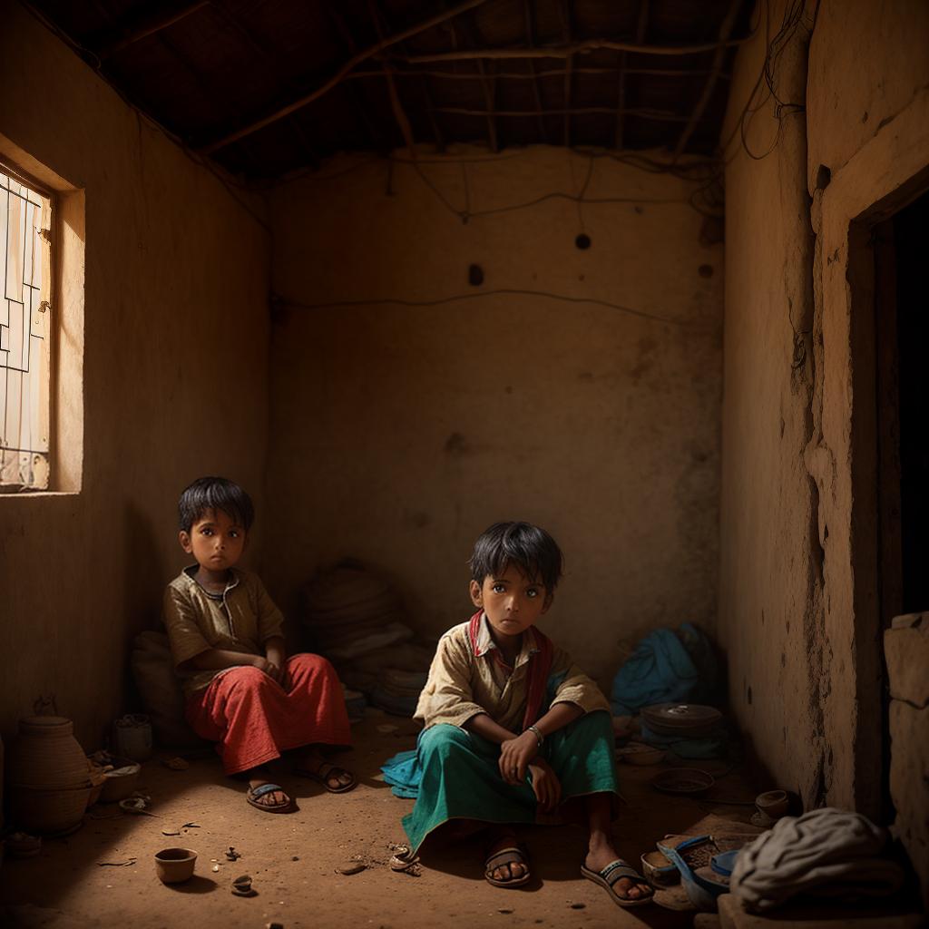  an image of a poor child sitting in his home. the focus of image should be from front.