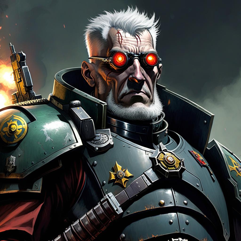  big cybernetic arm, officer of the imperial guard from warhammer 40,000, with gray hair and burns on his face and boltpistol in his arm