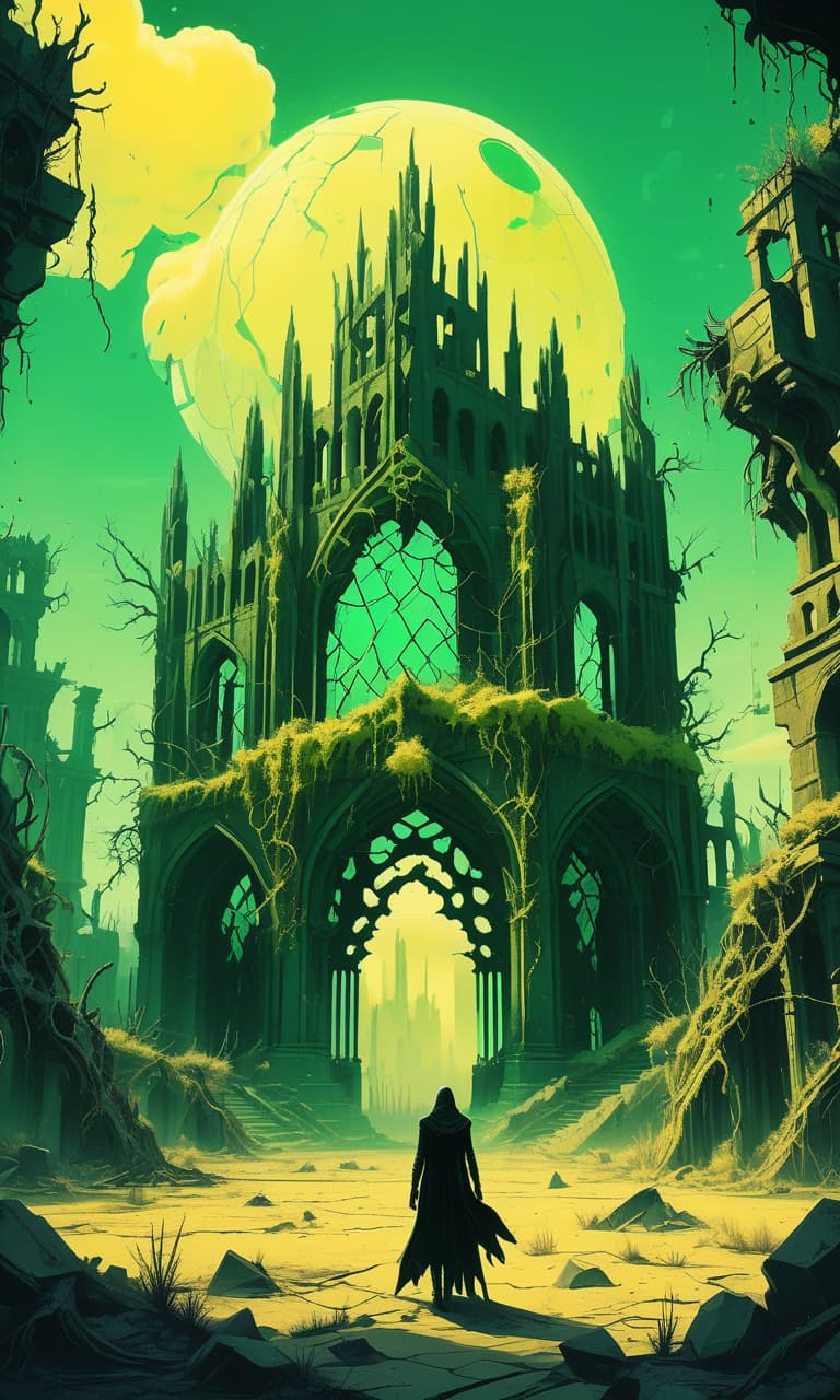  gothic style ancient ruins. the ruins wrap thick vines of green color. yellow sky. big crystals. heartbeat. desert. synthwave art . dark, mysterious, haunting, dramatic, ornate, detailed