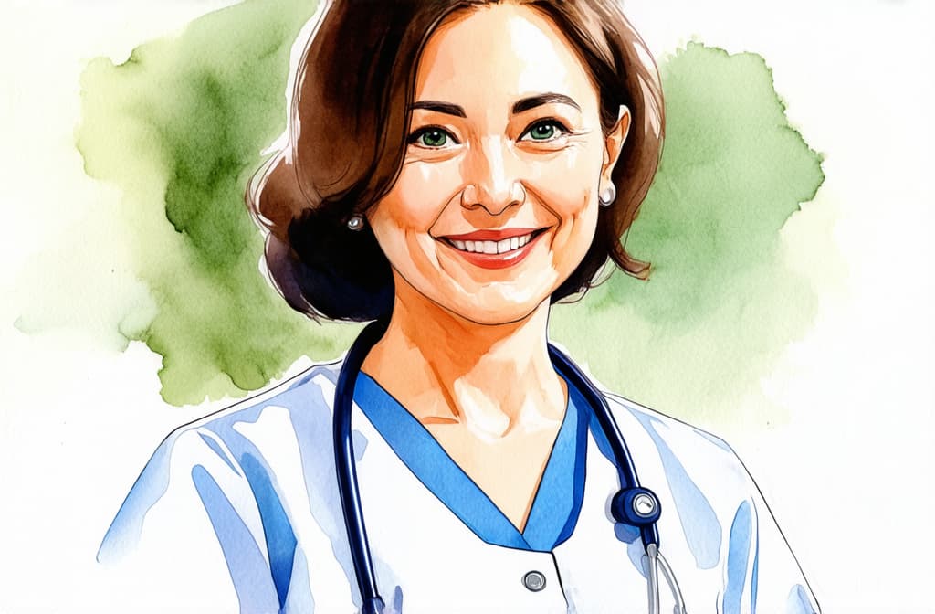  artwork a woman doctor in a medical gown looks at the camera and smiles photo ar 16:9 ar 3:2, watercolor techniques, featuring fluid colors, subtle gradients, transparency associated with watercolor art