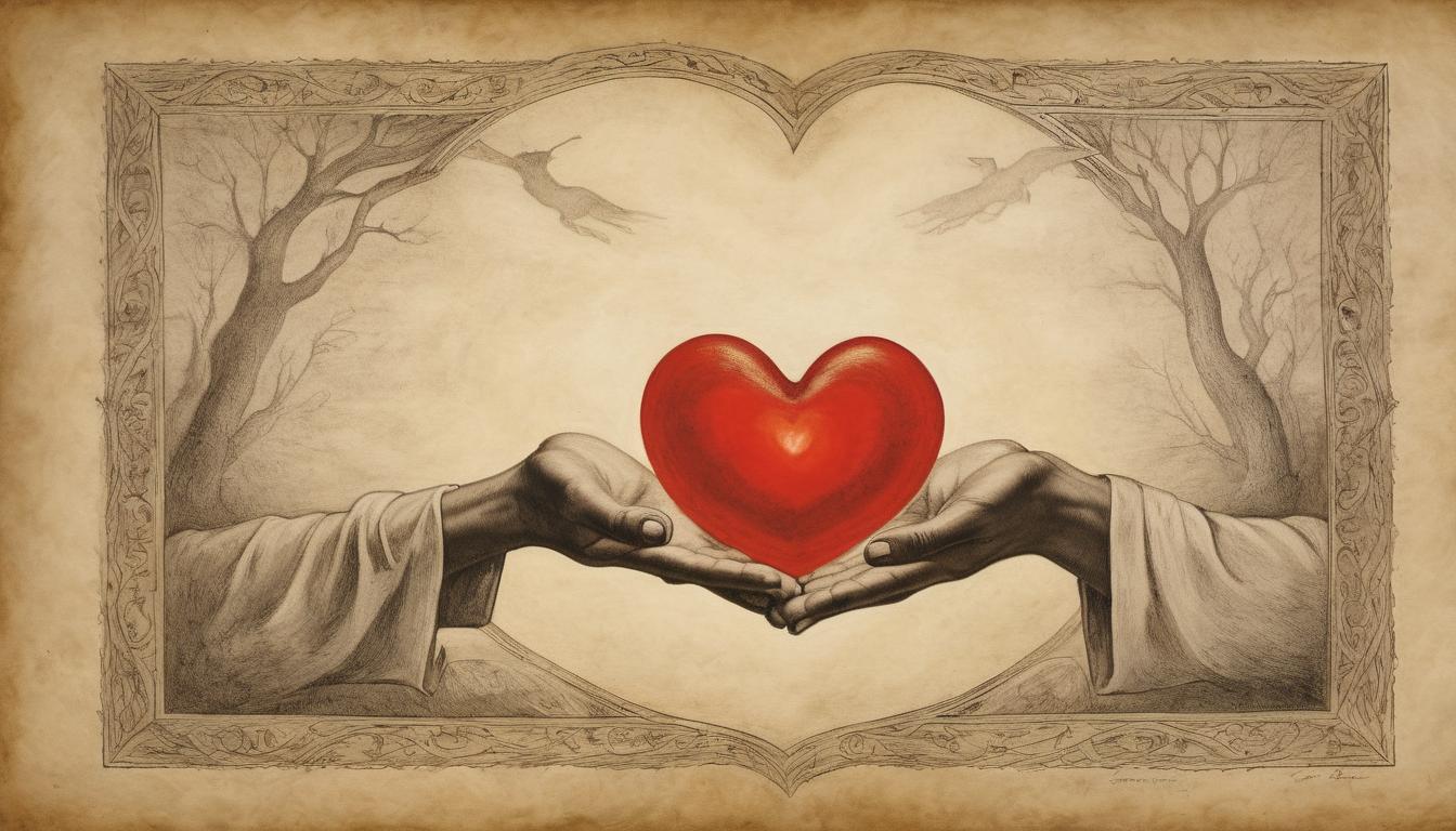  on parchment, surrealism++, hands offering a glowing heart, freely given, surrounded by an aura of light, absence of ego, pure intention, unconditional giving(mysterious, provocative, symbolic)++