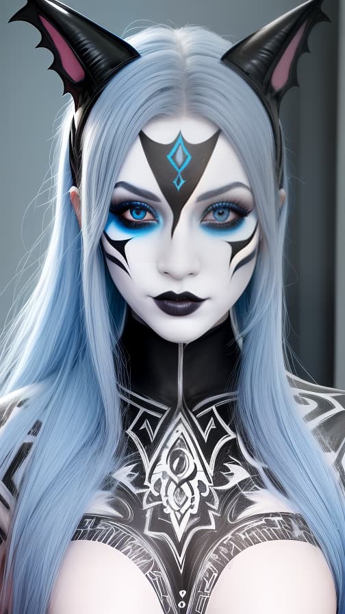  Black and blue bat-shaped body paint in every corner of the whole body, White body paint all over the body, grey face paint on the face, Dark elf,full body image female