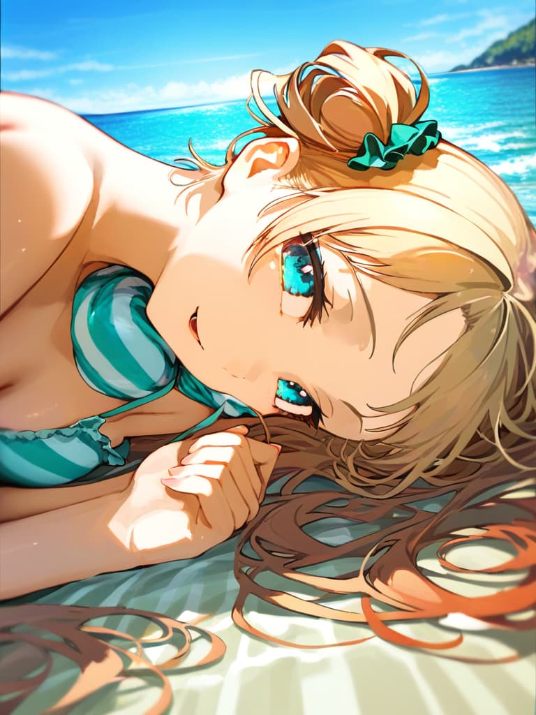  ultra detailed:1.2,masterpiece:1.2,best quality,masterpiece,bestquality,hdr:1.1,8k:1.1,very cute girl:1.3,(aqua color,frill ,swimwear:1.6),(lying on side,at striped float bed on sea:1.8) ,smile:1.4 ,(blonde hair,twin tail,drill hair:1.3) ,(on the sea:1.7),upper body:1.3,dutch angel:1.5,open mouth,(upside down:1.7)(from above:1.1)((eyes highlight:1.1))