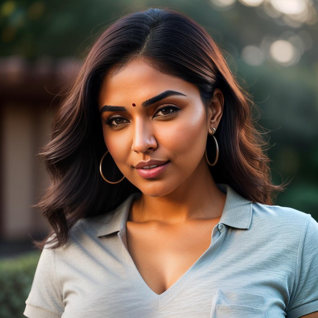  (((realistic full torso frontal head shot of a light brown to medium brown skin tone woman))), diya swati saxena, ((indian heritage)), immature face, brown eye color, ((bob hair style)), ((black hair color)), ((curvy body type)), xxl size, big size, (immature straight defined nose), (immature high cheekbones), (immature soft jawline), (immature medium lips), (immature broad forehead), (immature natural eyebrows), (immature dimpled chin), standing straight looking directly into the camera,((wearing fitted polo shirt with deep v neck and monogrammed pocket)), backyard in background, 1girl, best quality, highest quality, award winning photo, masterpiece, raw, professional photography, photorealism, sharp focus, cinematic, high hyperrealistic, full body, detailed clothing, highly detailed, cinematic lighting, stunningly beautiful, intricate, sharp focus, f/1. 8, 85mm, (centered image composition), (professionally color graded), ((bright soft diffused light)), volumetric fog, trending on instagram, trending on tumblr, HDR 4K, 8K