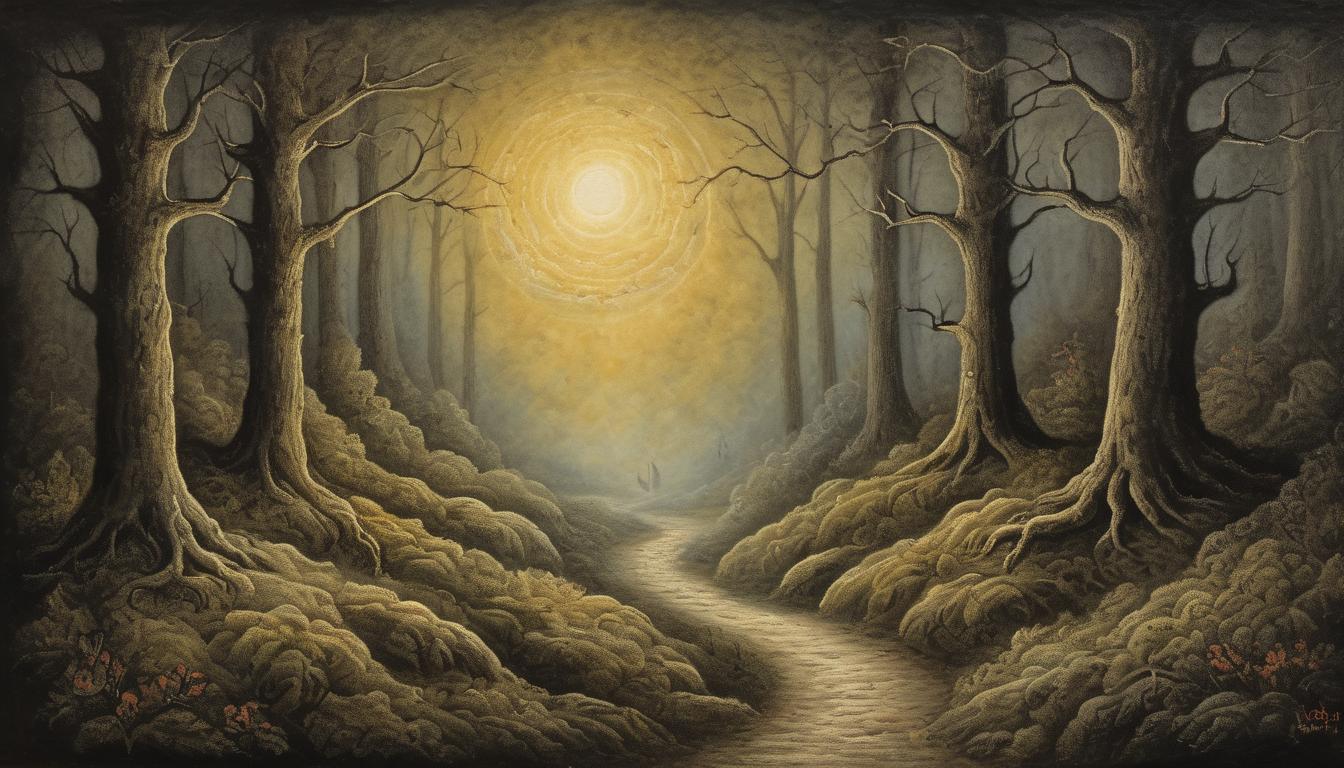  on parchment, surrealism++, radiant path, dark forest parting, glowing end point, light illuminating path, victory, leading light, peace(mysterious, provocative, symbolic)++