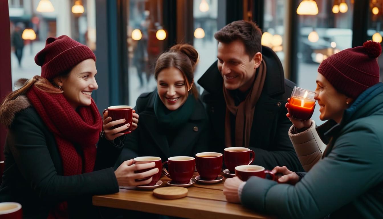  cinematic photo photographic image, autumn, friends: 3 men aged 40 and 3 women in a cozy cafe, they are cold, drinking hot mulled wine from cups, and talking, image detailing . 35mm photograph, film, bokeh, professional, 4k, highly detailed, perfect hands