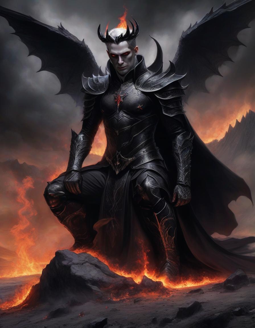  lucifer on his knees, with white skin, in black armor, in a black crown, with black obsidian eyes, looks up, tears of fire flow from his eyes, stands on a rock, in the middle of a gray wasteland, looks into the fiery sky.