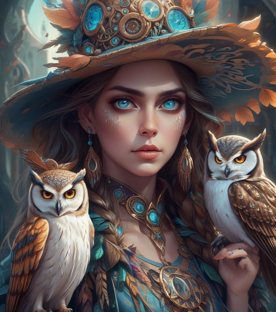  a close up of a woman with a hat and owl, beautiful fantasy art portrait, beautiful fantasy portrait, very beautiful fantasy art, digital art fantasy art, beautiful fantasy art, cyberpunk angry gorgeous druid, colorfull digital fantasy art, digital art fantasy, digital fantasy art ), with an owl on her shoulder, psytrance artwork, amazing fantasy art, highly detailed fantasy art