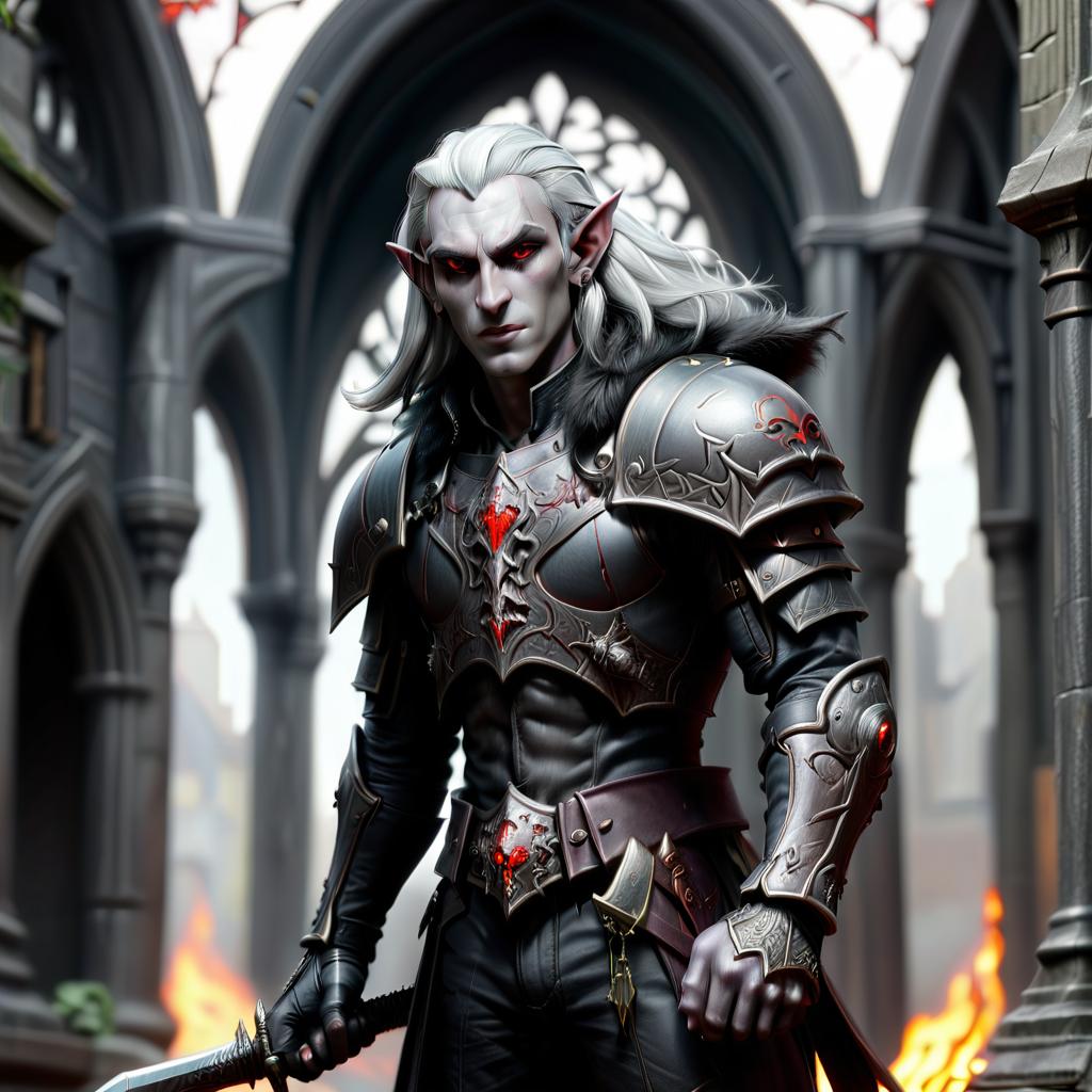  macabre style drow male elf cleric, dark grey graphite color skin, red eyes, silver medium haircut, black leather armor, mace, impudent arrogant rude grimace, travelers shoulder bag, half body view, dark cathedral background . dark, gothic, grim, haunting, highly detailed, civitai