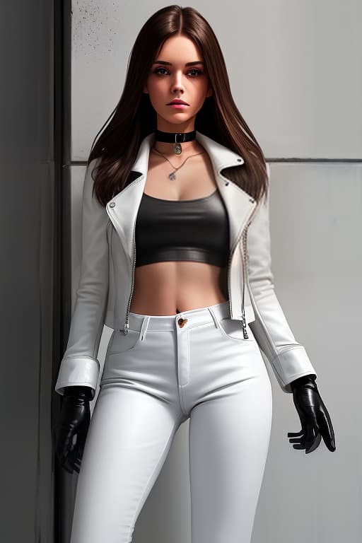  brunette girl, choker around her neck. white t shirt, white leather jacket, gloves on her hands, black pants, black boots. undercover agent