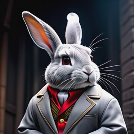  two grey rabbits hyperrealistic, full body, detailed clothing, highly detailed, cinematic lighting, stunningly beautiful, intricate, sharp focus, f/1. 8, 85mm, (centered image composition), (professionally color graded), ((bright soft diffused light)), volumetric fog, trending on instagram, trending on tumblr, HDR 4K, 8K