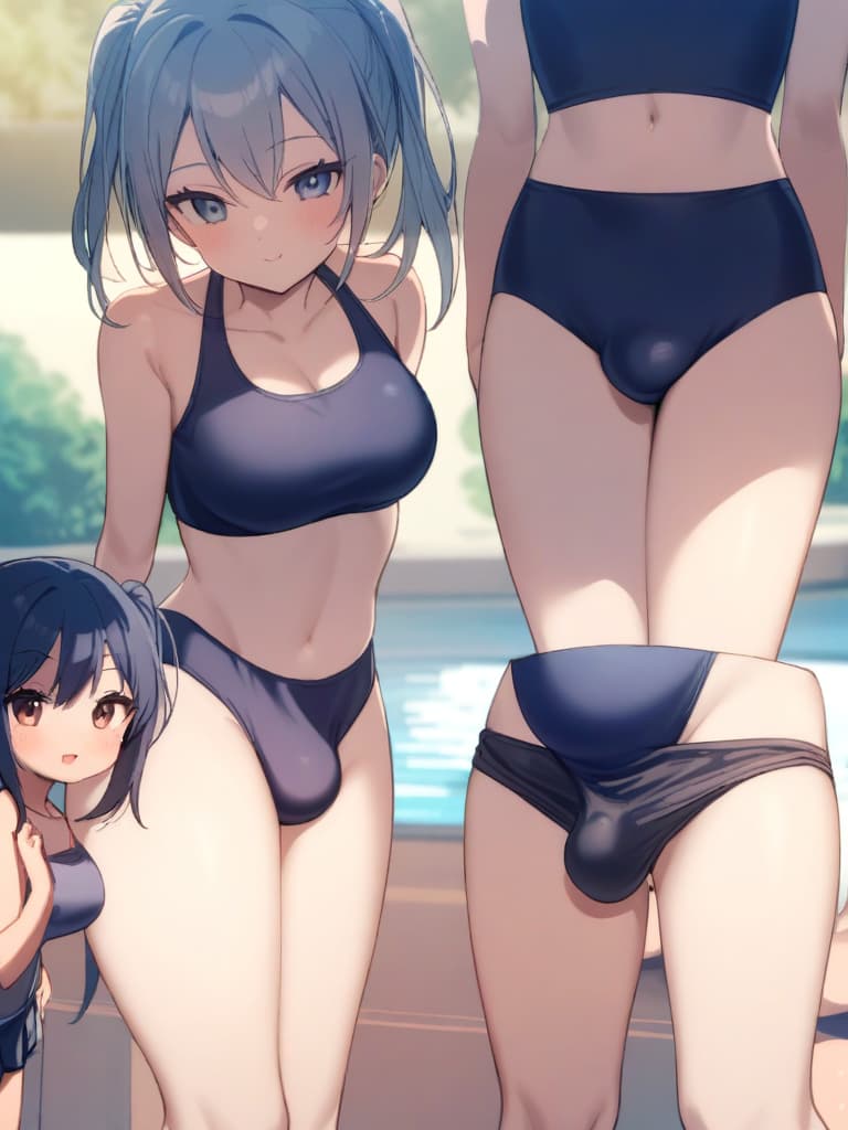  women's elementary students (male), twin tails, cute smiles, (rich s), low stature, dark blue swimwear, old swimwear, , simple (upward), male , (bulge), shaped clear , front , whole body, pool side,