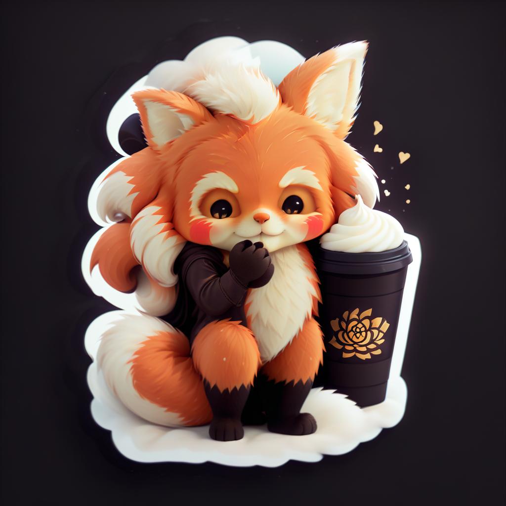  https://i.postimg.cc/cjrqqgkk/image.png make a pack of stickers, the little fox drinks coffee and smiles., sticker