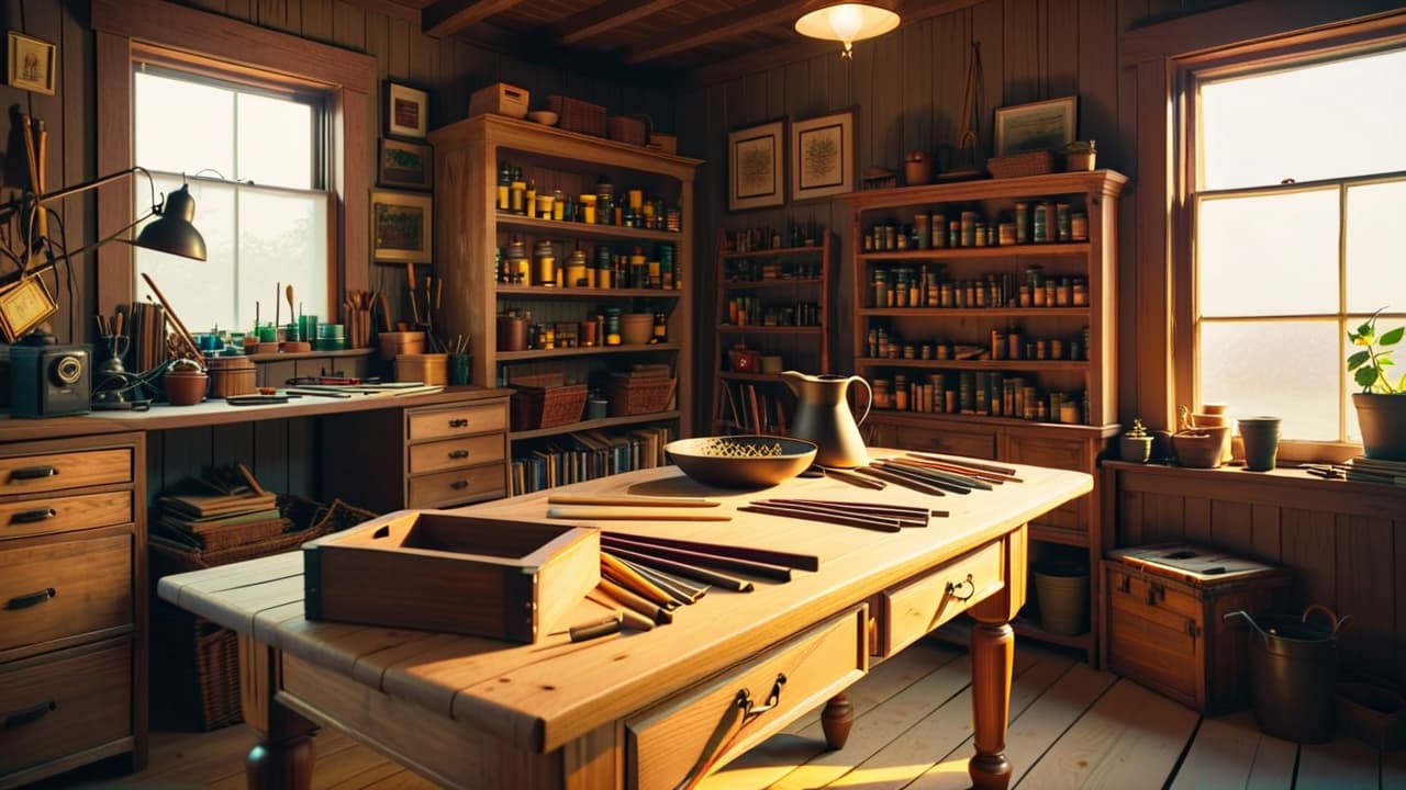  a cluttered woodworking shop featuring various handcrafted wooden items, such as furniture, décor, and tools. warm sunlight filters through dusty windows, illuminating the craftsmanship, while a measuring tape and plans lie on a workbench. hyperrealistic, full body, detailed clothing, highly detailed, cinematic lighting, stunningly beautiful, intricate, sharp focus, f/1. 8, 85mm, (centered image composition), (professionally color graded), ((bright soft diffused light)), volumetric fog, trending on instagram, trending on tumblr, HDR 4K, 8K