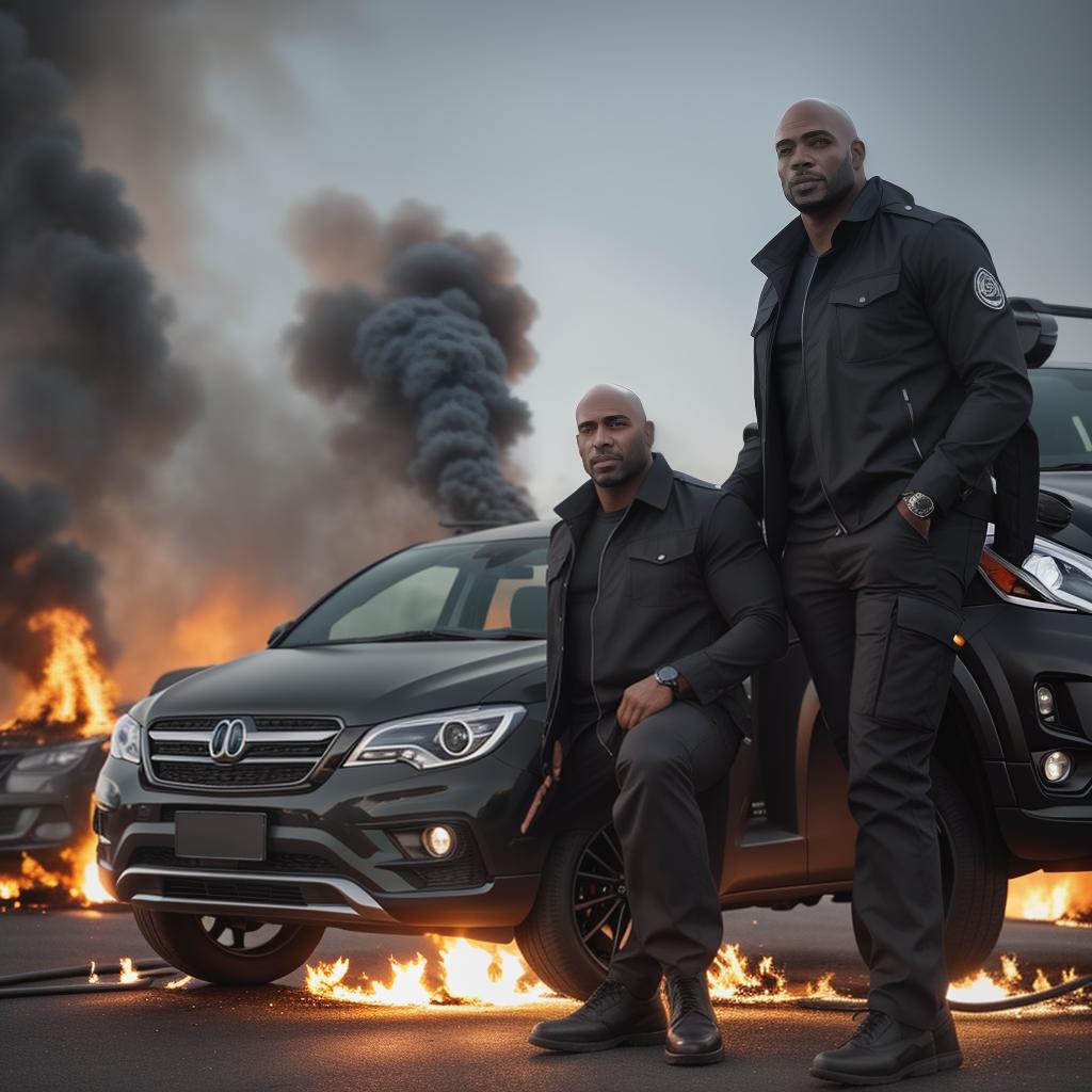  Two 250 pound bald black guys holding microphones and sitting on a burning car in an apocalyptic city hyperrealistic, full body, detailed clothing, highly detailed, cinematic lighting, stunningly beautiful, intricate, sharp focus, f/1. 8, 85mm, (centered image composition), (professionally color graded), ((bright soft diffused light)), volumetric fog, trending on instagram, trending on tumblr, HDR 4K, 8K