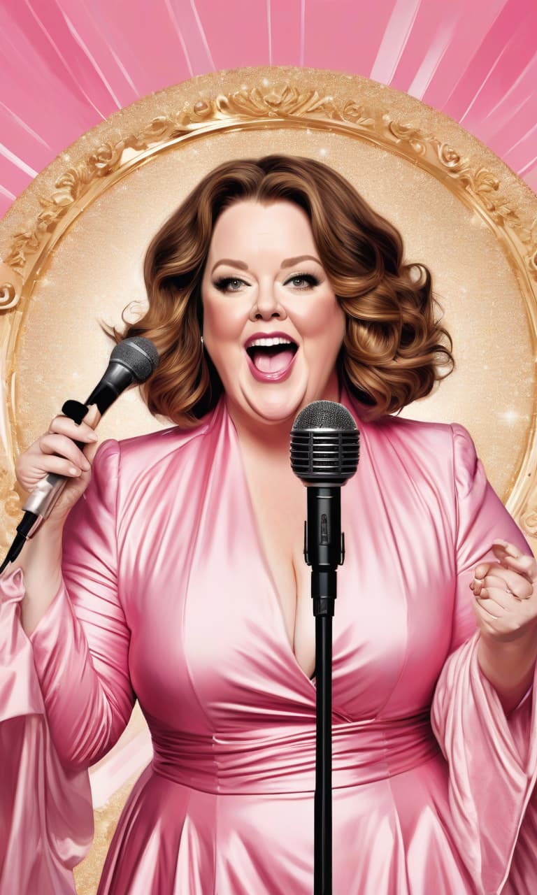  concept art pink, gold, black, white stage melissa mccarthy with a microphone . digital artwork, illustrative, painterly, matte painting, highly detailed, perfect hands