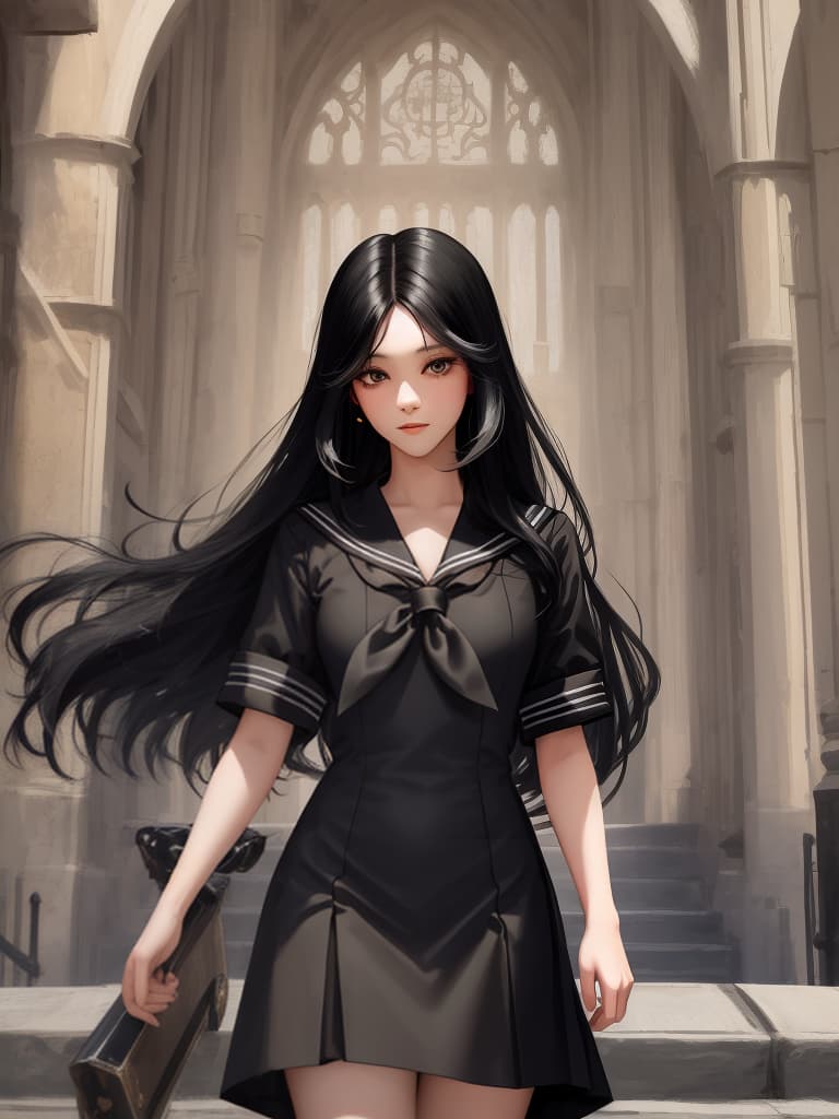  {((beautiful girl))((long black hair))(wearing black sailor suit)):1.4,looking straight ahead (upper body only)},super detail,high resolution,absurd,adopted,