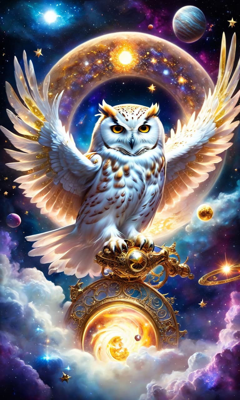  space themed (masterpiece, photorealism, surrealism art:1. 3), oil painting. (distant background:1,3). magnificent fairy bird ((white and gold owl)) with luxurious wings and golden crown (floating) in space, holographic scene, white owl, meticulous drawing of bird, wings open, parade of planets floating overhead, intricate details on each planet, rings and moons visible, surreal atmosphere, splash art style, spark and glow effects, hallucinatory elements, high resolution, best quality, dreamy setting, bright colors, space background, swirling stars and galaxies, ethereal glow, mesmerizing and otherworldly, detailed and realistic textures, mesmerizing and enchanting composition. gorgeous, painterly, mysterious, magical, magical, fantasy comp