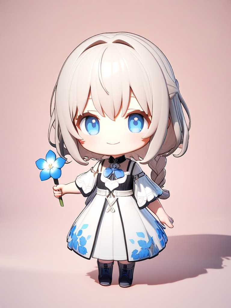  masterpiece, ((chibi character)), (((3d))), {(((light beige hair color))), (((side braided hairstyle)))}, blue eye color, smiling face, ((one nemophila flower in hand: 1.5))), white gothic clothing, the whole body, high quality, super resolution, 16k