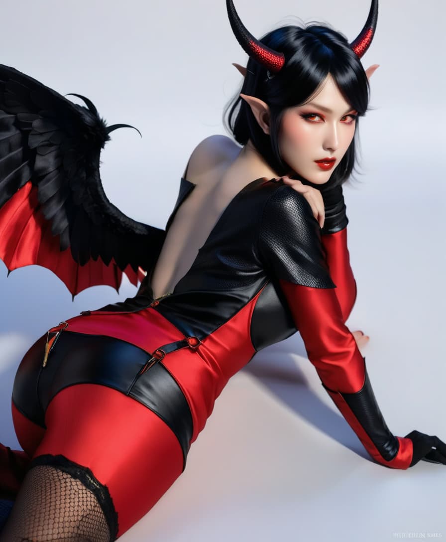  hyperrealistic art attractive anime girl succubus with small wings, disheveled hairstyle color luminescent red, sensually opened lips, in black satin gloves, bikinis and stockings (lies on his back), . extremely high resolution details, photographic, realism pushed to extreme, fine texture, incredibly lifelike