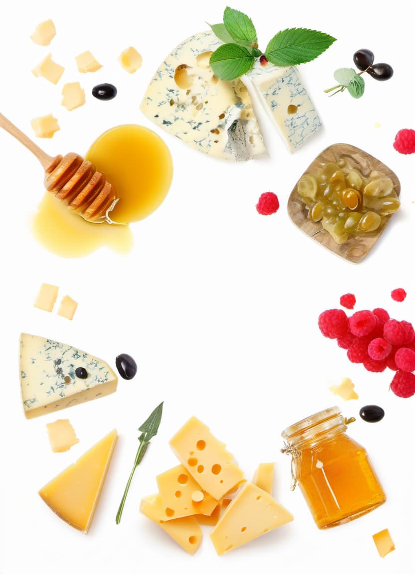  many different types of cheese, honey and raspberry jam, some olives, beautiful shades of cheese and the rest, film photography style