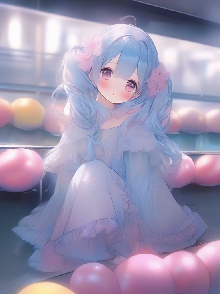  (pastel colored painting),blue theme,((pink theme)),no lineart,full body,cinematic angle,solo,,asymmetrical bangs,long hair,split hair,two tone hair,pastel blue hair,(pastel pink hair),twintails,frilled dress,(tights,under shorts),siting,knee up, together foots apart,platform boots,((ennui,shy,blush)),looking at side,looking away