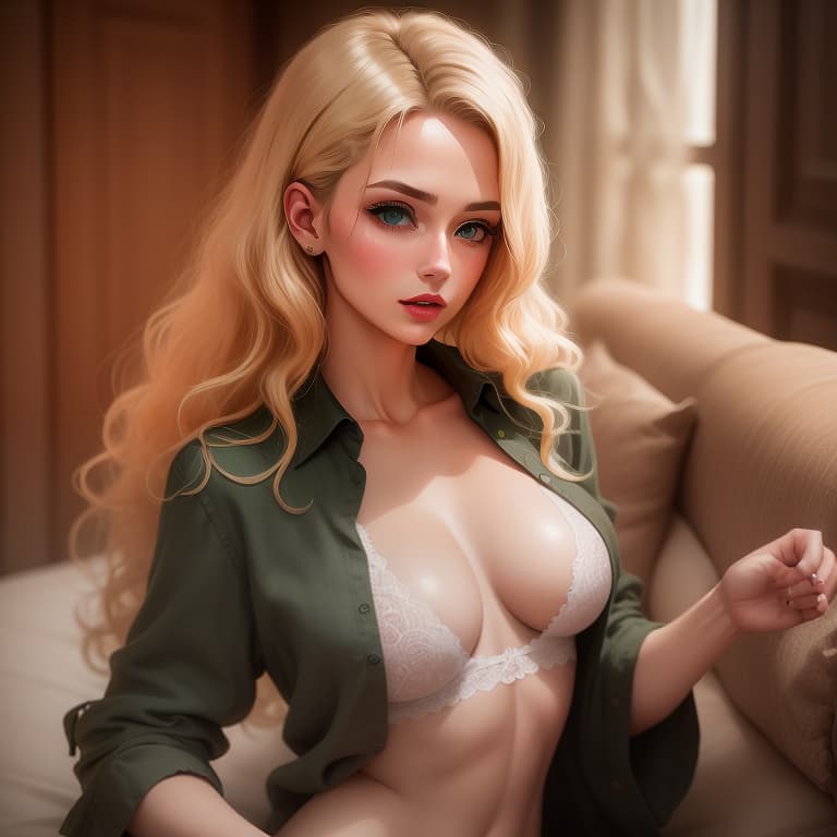   old waif like model, green eyes, full lips, thin face, curly blonde hair, , wearing business attire at a fancy hotel, fully open shirt showing her medium s and toned abs, sheer lace micro 